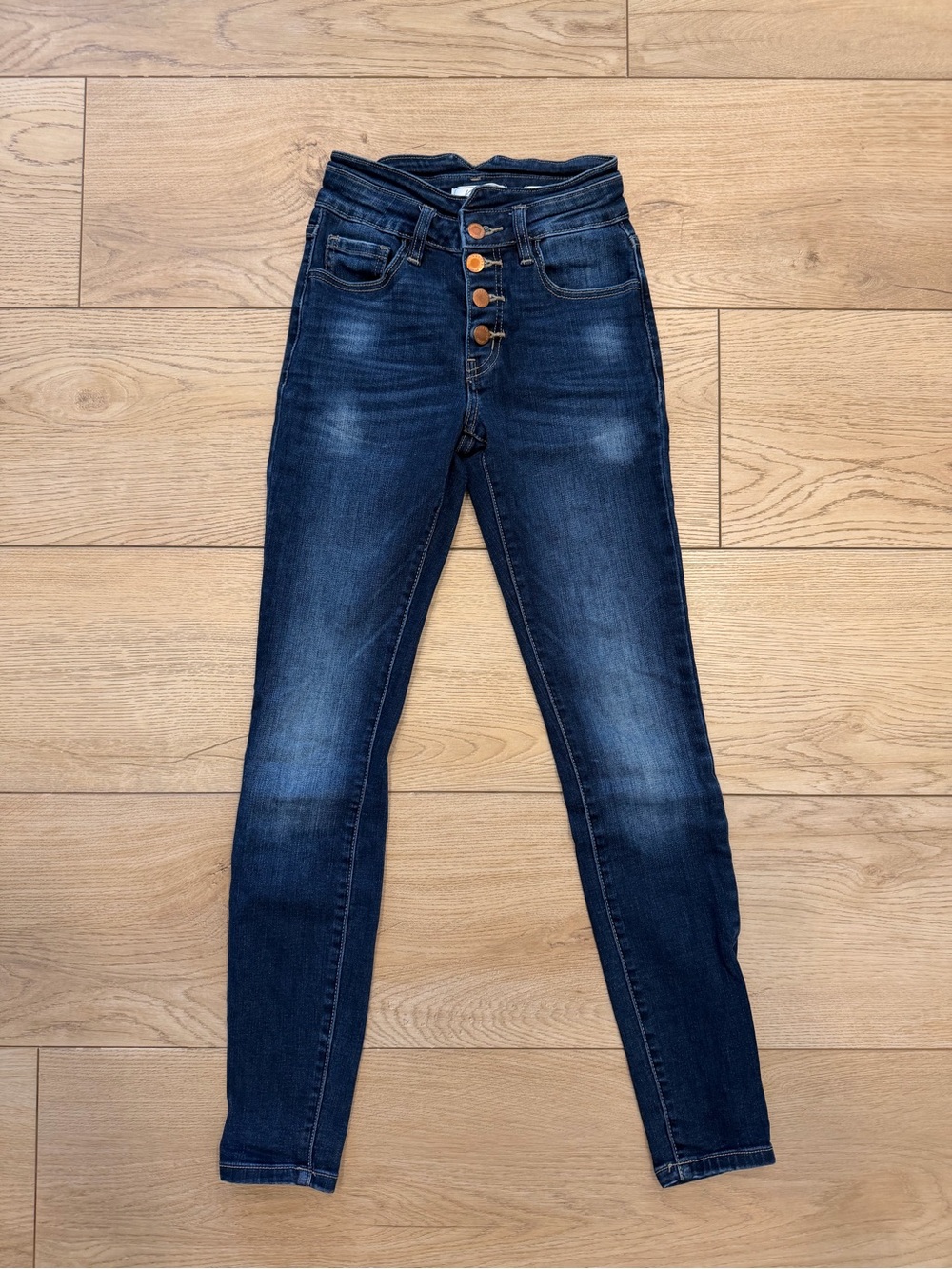 KanCan Women's High Rise Skinny Jeans in Dark Blue Wash with Button-Fly